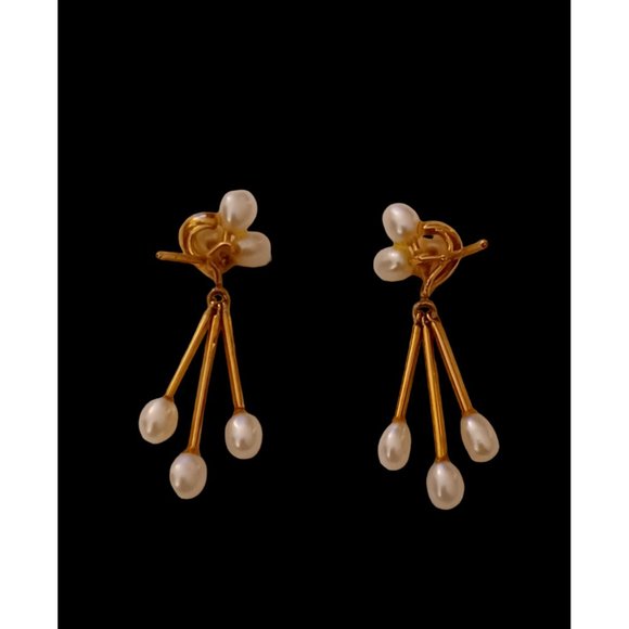 14k Solid Yellow Gold Diamond Pearl Cluster Dangle Stud Earrings 1.75" 3.7 Grams - Picture 5 of 7